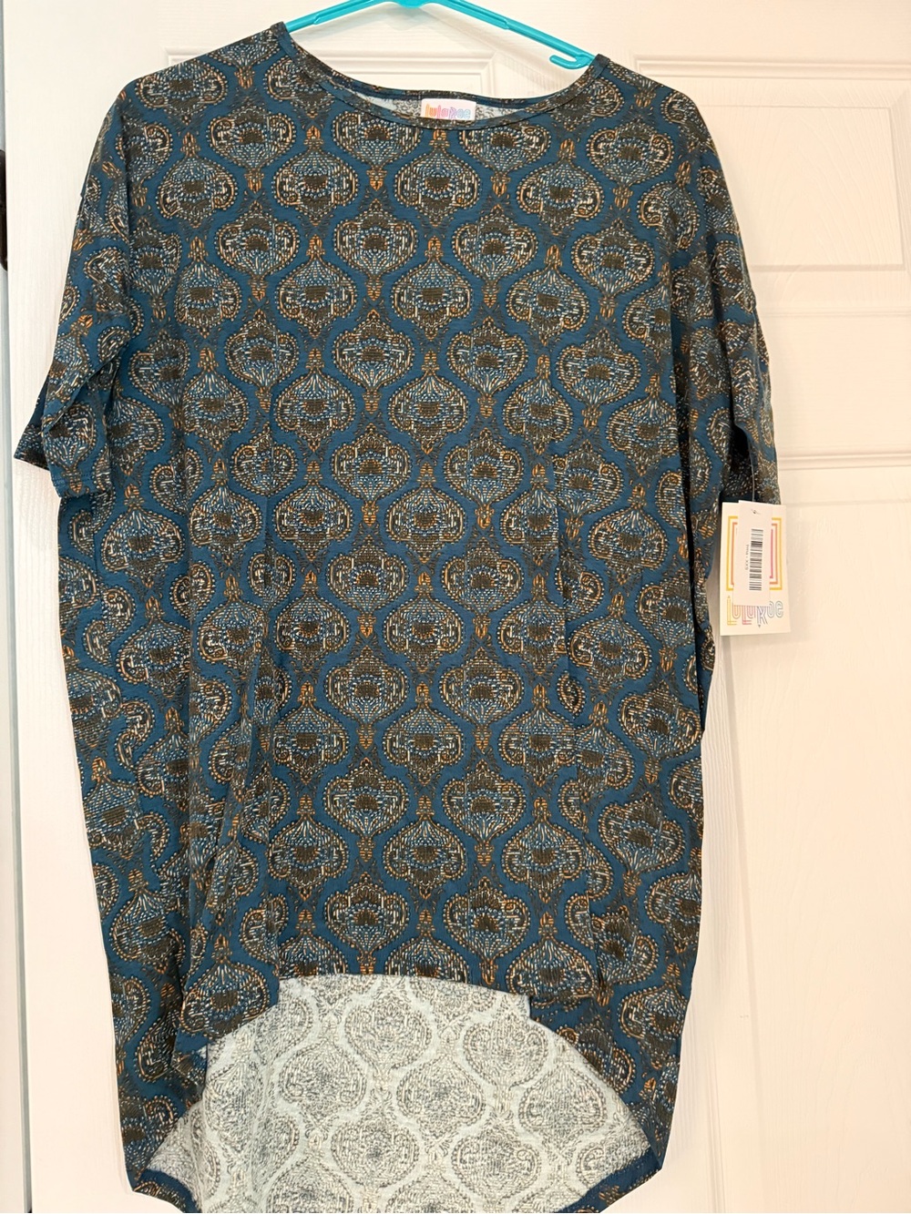 LuLaRoe Irma Teal Patterned Women's High-Low Tunic Top